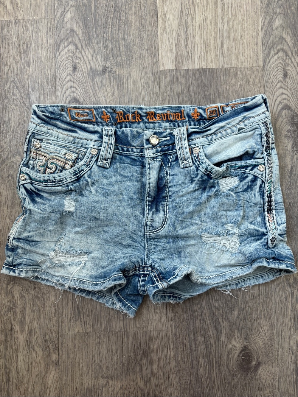 Rock Revival Nuri Y2K Denim Shorts with Embroidered Orange and Teal Details